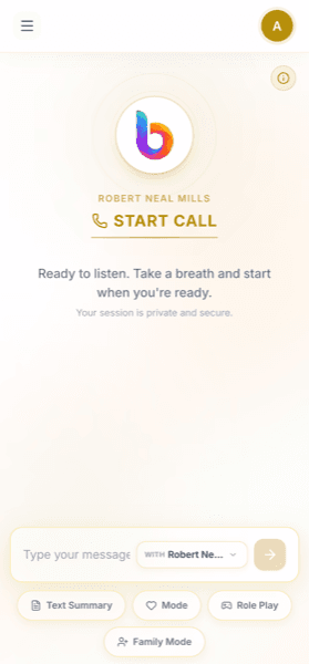 The BriteMind app showing the start call screen and message box