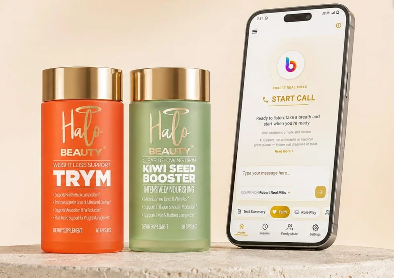 Halo Beauty TRYM and Kiwi Seed Booster beside a phone running the BriteMind AI app