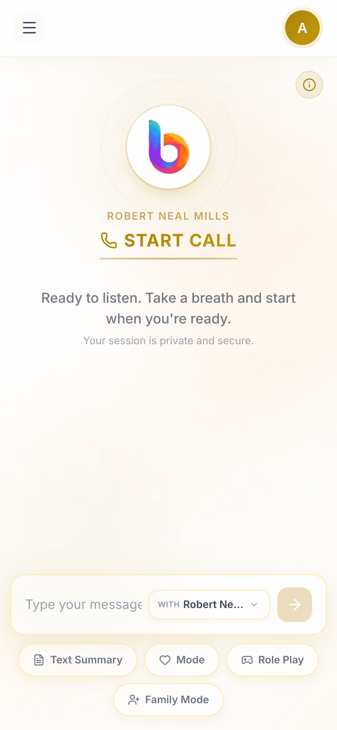 The BriteMind app, ready to start a private session with your guide